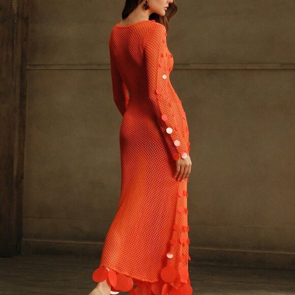 Orange Elegant Women's Sequined Crochet Long-Sleeve Dress - Picture 4 of 8